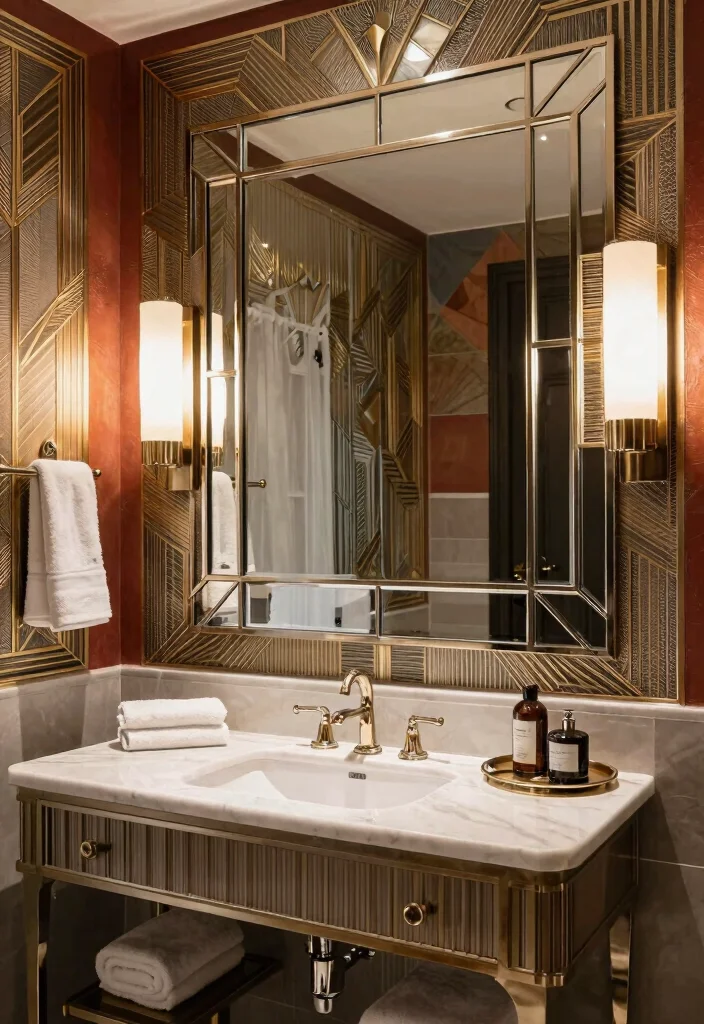 14 Large Bathroom Mirror Ideas That Make a Big Impact 10. Art Deco Inspired Mirrors 0
