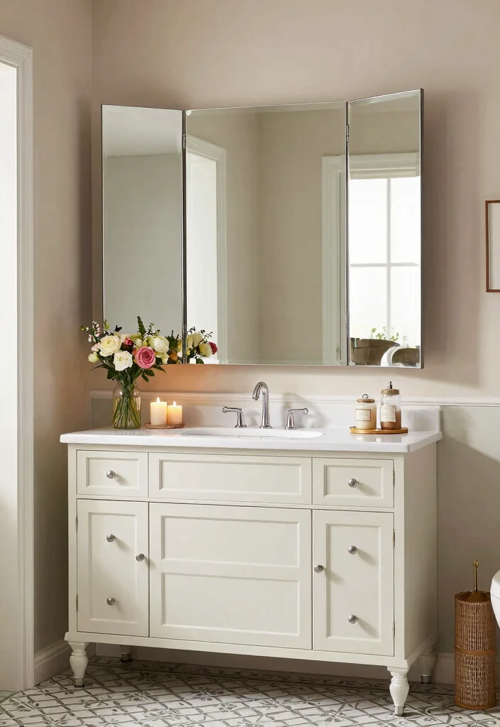 14 Large Bathroom Mirror Ideas That Make a Big Impact 12. Elegant Tri Fold Mirrors 0