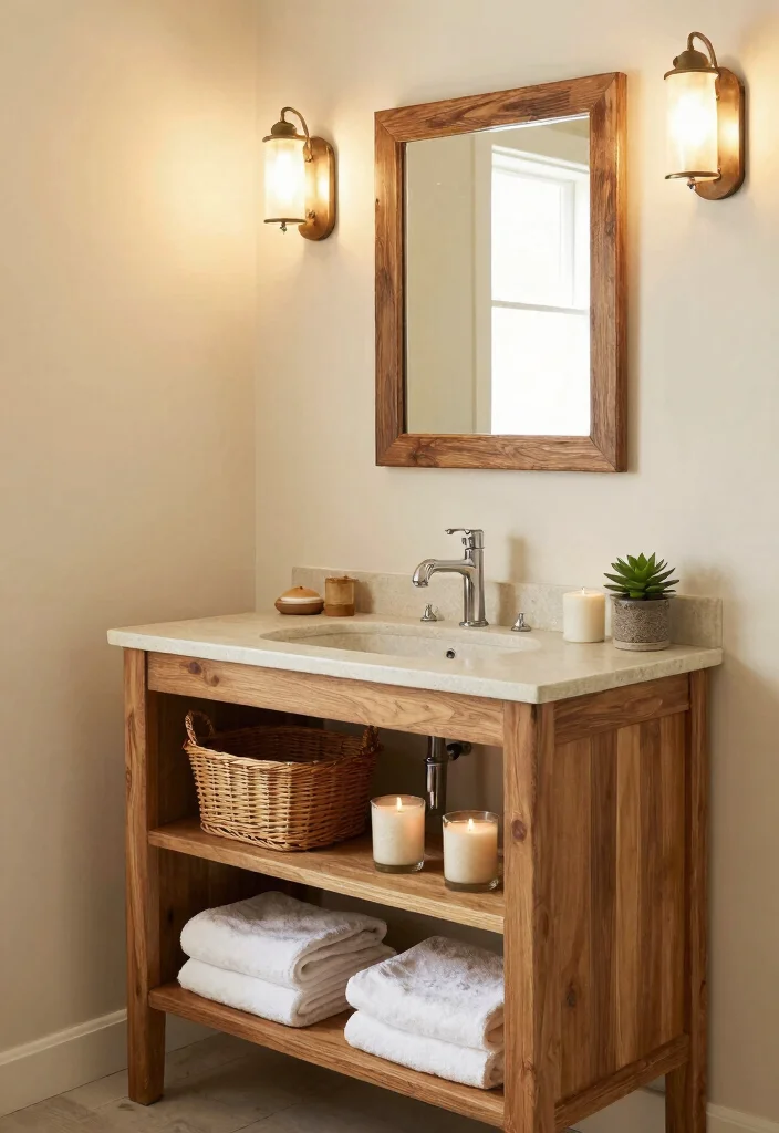 14 Modern Bathroom Vanity Ideas with Sleek Storage 2. Rustic Chic with Open Shelving 0