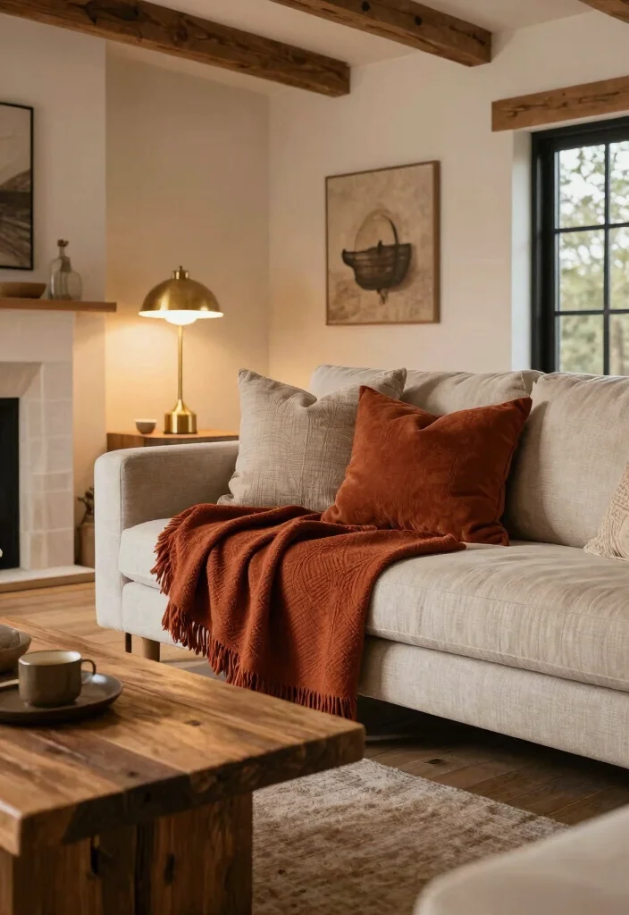 14 Modern Farmhouse Living Room Ideas with Cozy Balance 13. Warm Accents 0