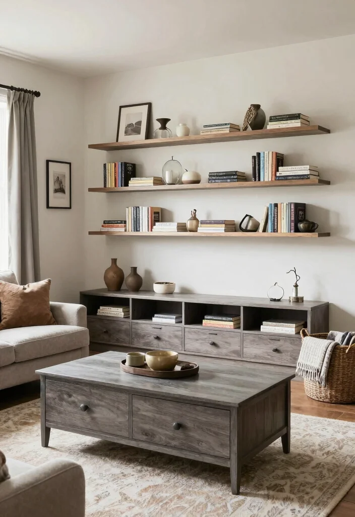 14 Modern Farmhouse Living Room Ideas with Cozy Balance 14. Smart Storage Solutions 0