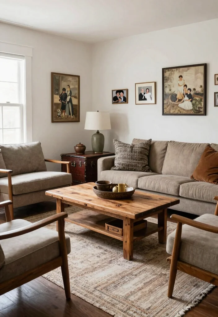 14 Modern Farmhouse Living Room Ideas with Cozy Balance 4. Vintage Farmhouse Furniture 0