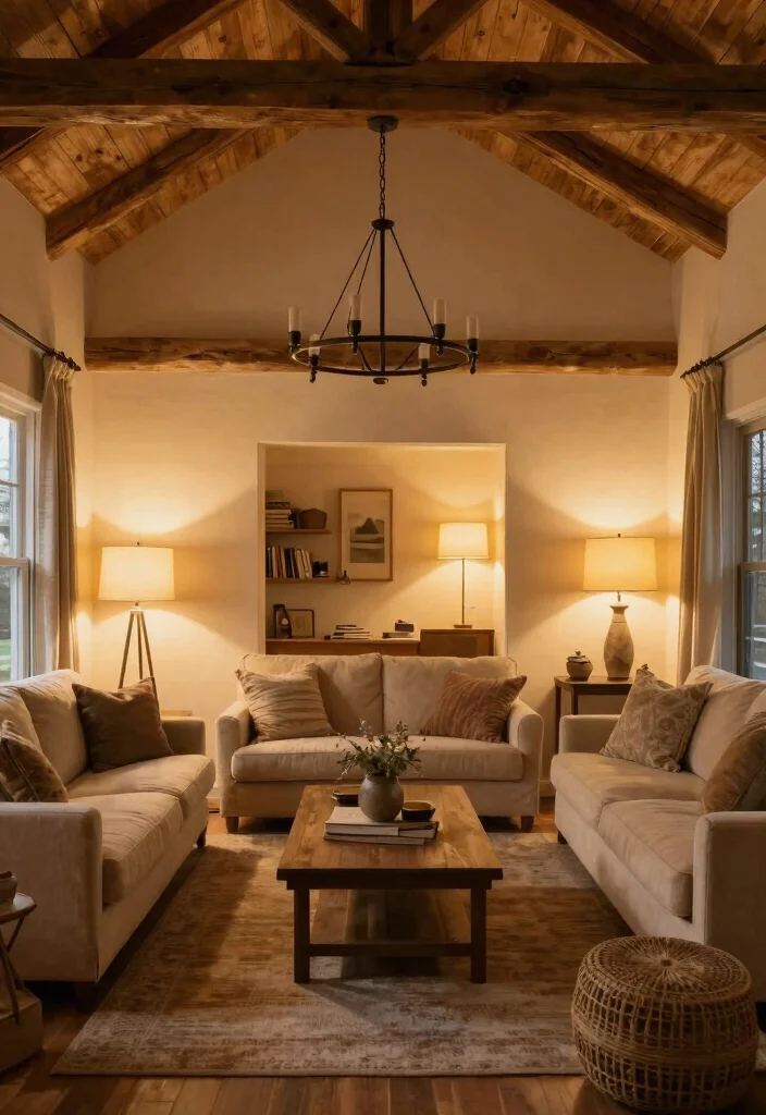 14 Modern Farmhouse Living Room Ideas with Cozy Balance 7. Layered Lighting 0