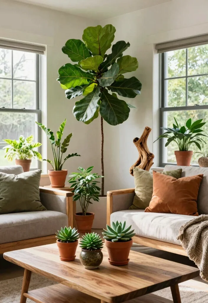 14 Modern Farmhouse Living Room Ideas with Cozy Balance 9. Greenery and Natural Elements 0