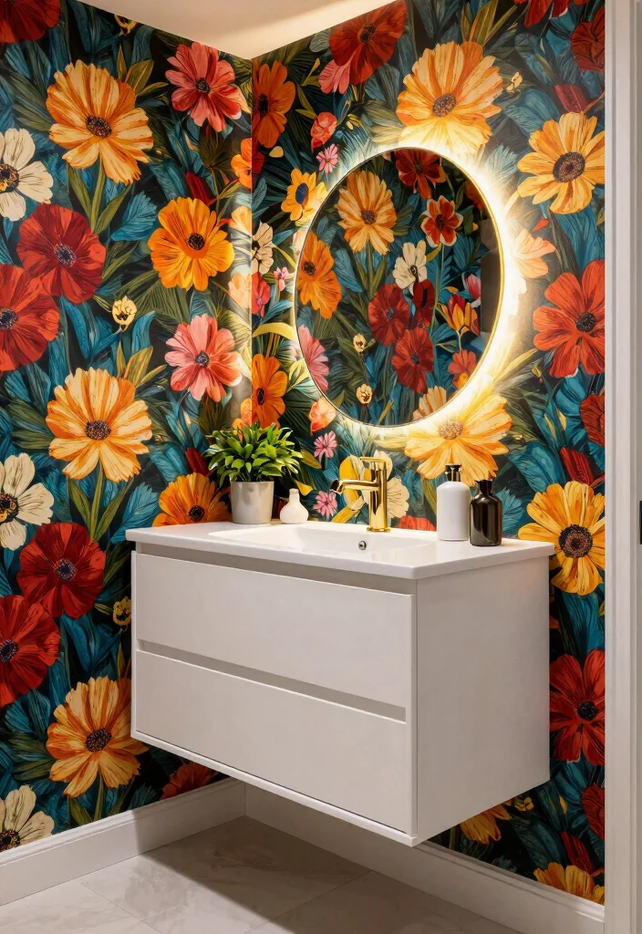 14 Modern Half Bathroom Ideas That Impress Guests 1. Bold Wallpaper for a Touch of Glam 0