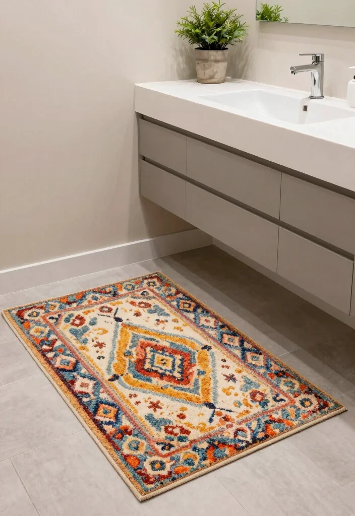 14 Modern Half Bathroom Ideas That Impress Guests 12. Accent Rugs and Mats 0