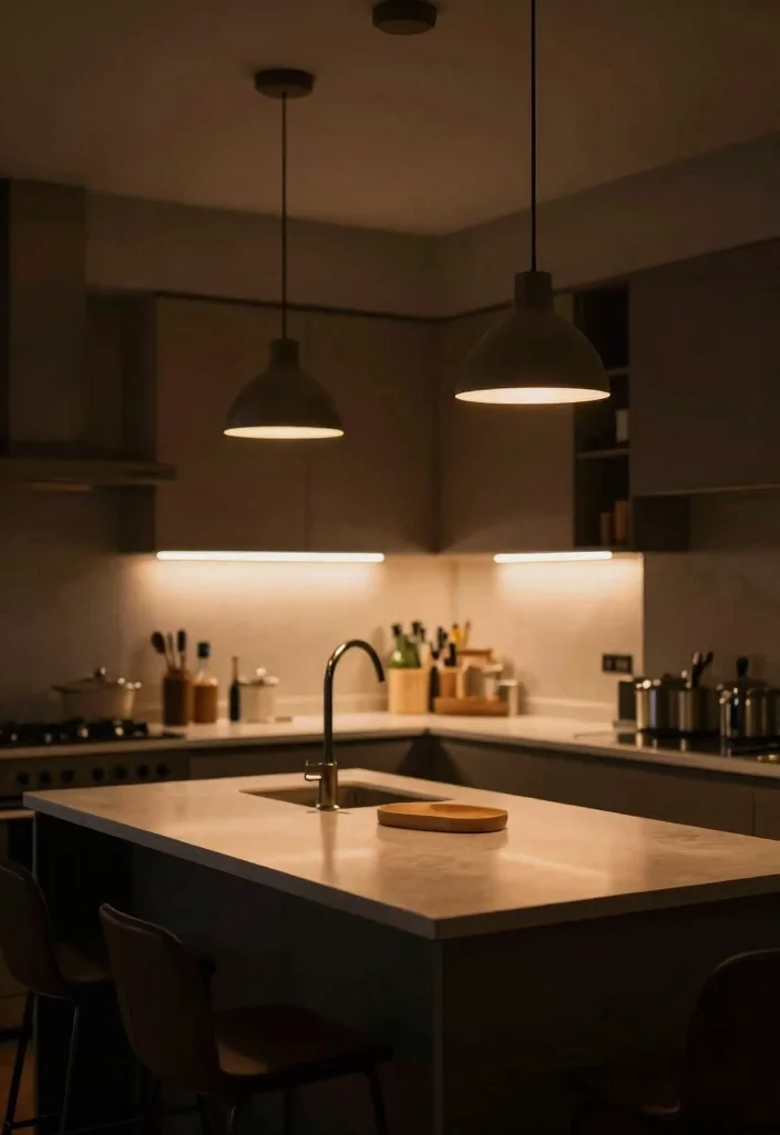 14 Moody Kitchen Ideas with Dark Tones and Cozy Depth 11. Ambient Lighting 0