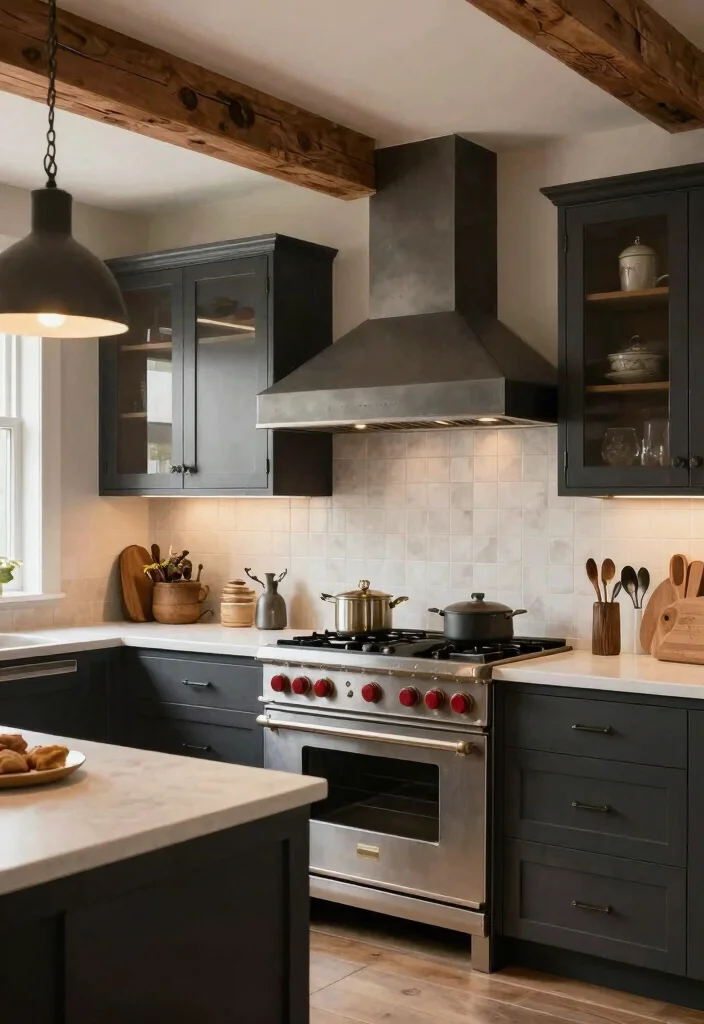 14 Moody Kitchen Ideas with Dark Tones and Cozy Depth 12. Industrial Farmhouse Fusion 0
