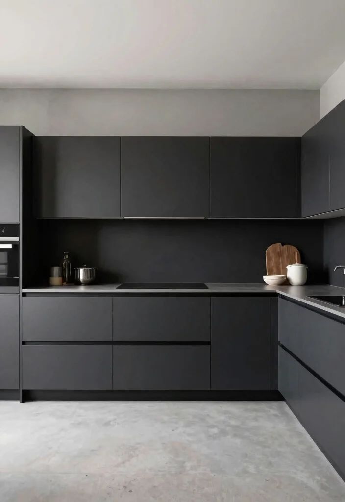 14 Moody Kitchen Ideas with Dark Tones and Cozy Depth 13. Minimalist Dark Vibes 0