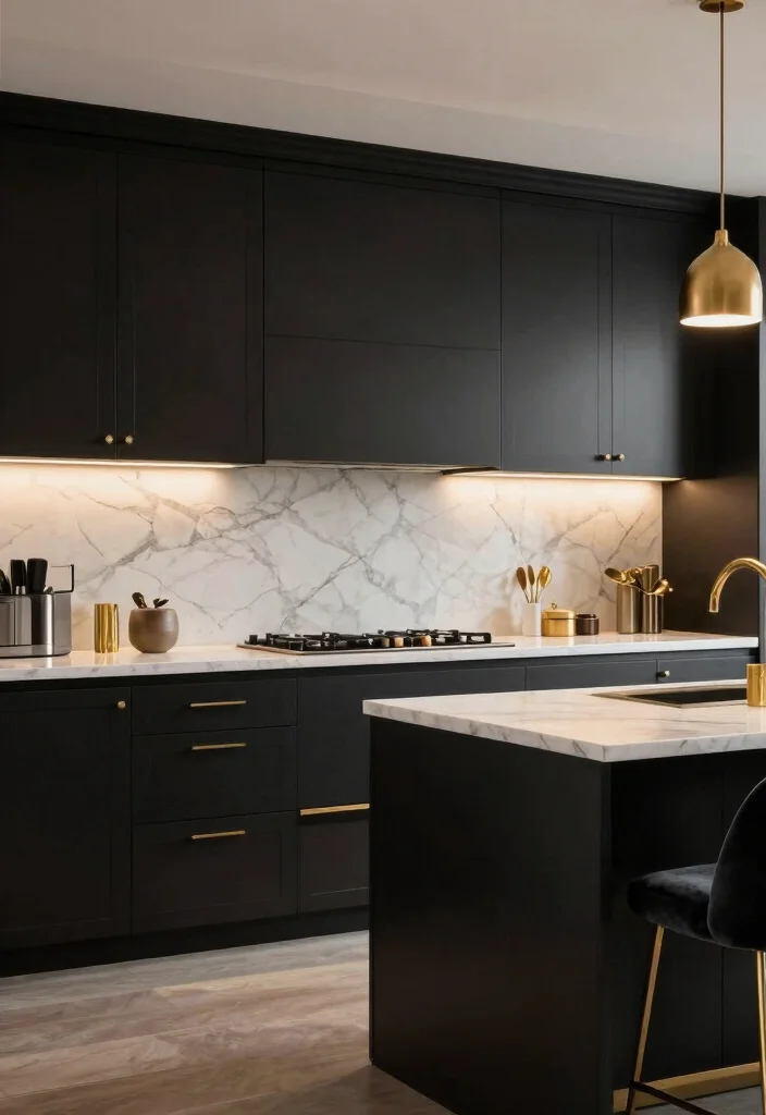 14 Moody Kitchen Ideas with Dark Tones and Cozy Depth 5. Black and Gold Glam 0