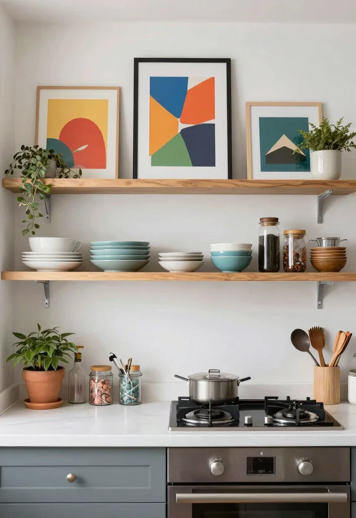 14 Open Shelving Kitchen Ideas That Look Styled Not Messy 10. Layered Wall Art 0