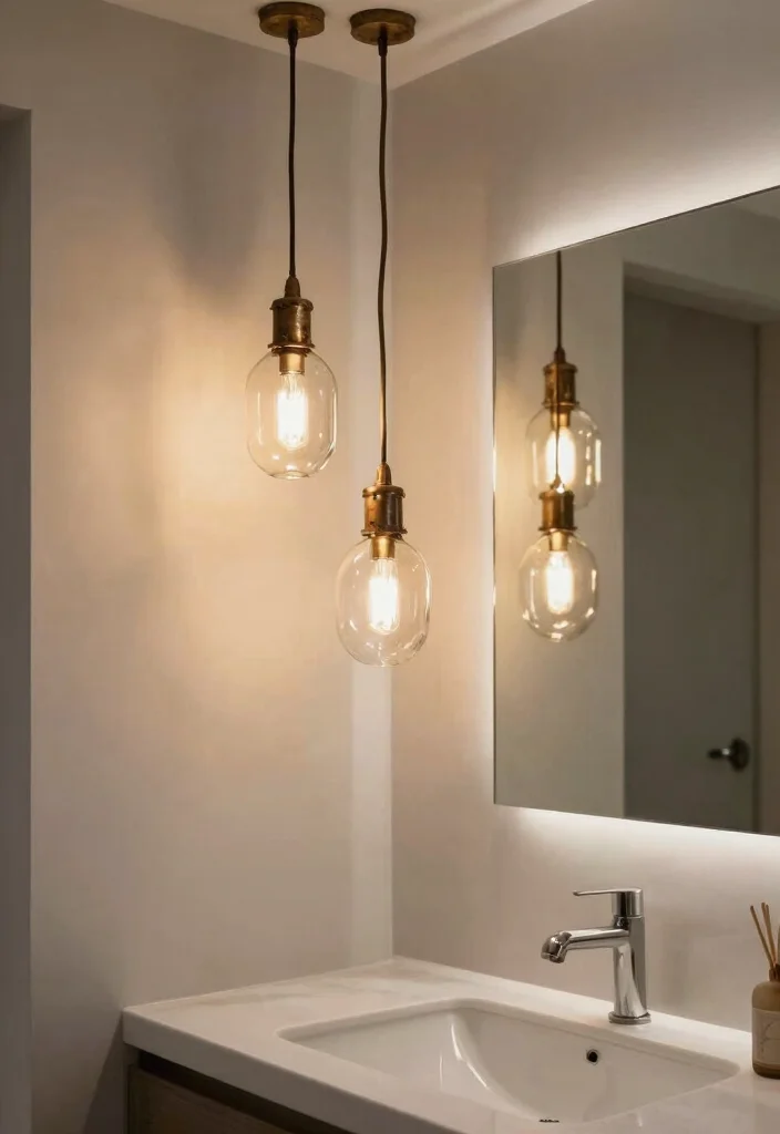 14 Small Modern Bathroom Ideas That Feel Clean and High End 7. Statement Lighting Fixtures 0