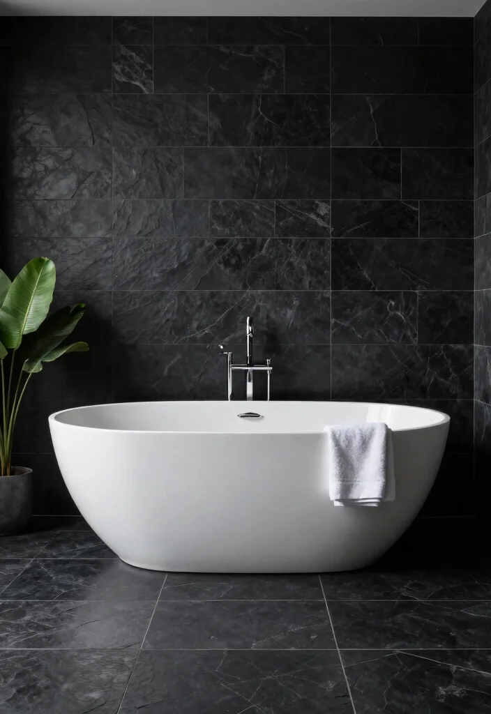 14 Stone Bathroom Ideas That Feel Natural and Expensive 2. Bold Dark Stone for Drama 0