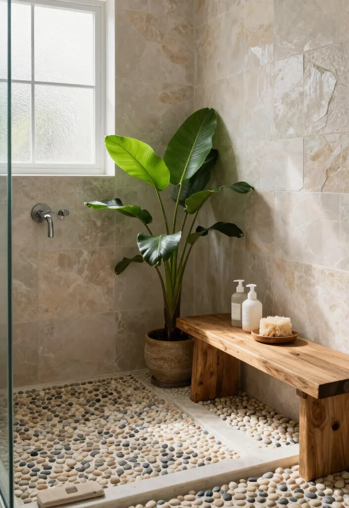 14 Stone Bathroom Ideas That Feel Natural and Expensive 3. Earthy Textures with Pebbles 0