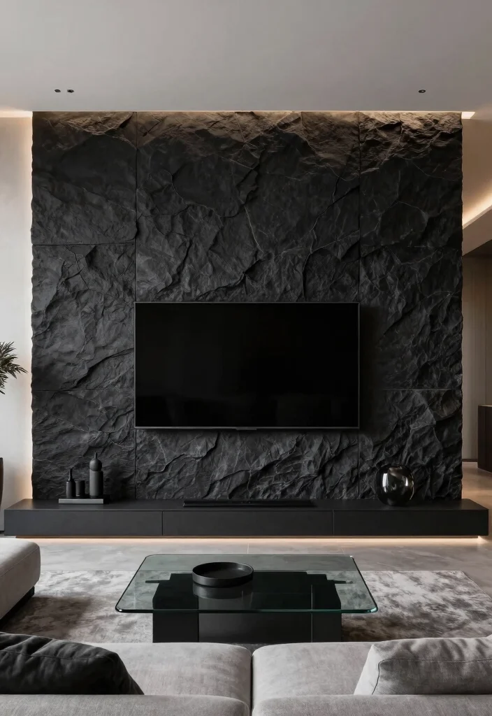 14 Stone TV Wall Living Room Ideas That Feel Luxe 1. Sleek Monochrome Stone Wall 0
