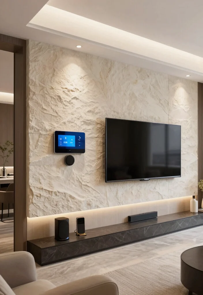 14 Stone TV Wall Living Room Ideas That Feel Luxe 10. Smart Home Integration with Stone Walls 0