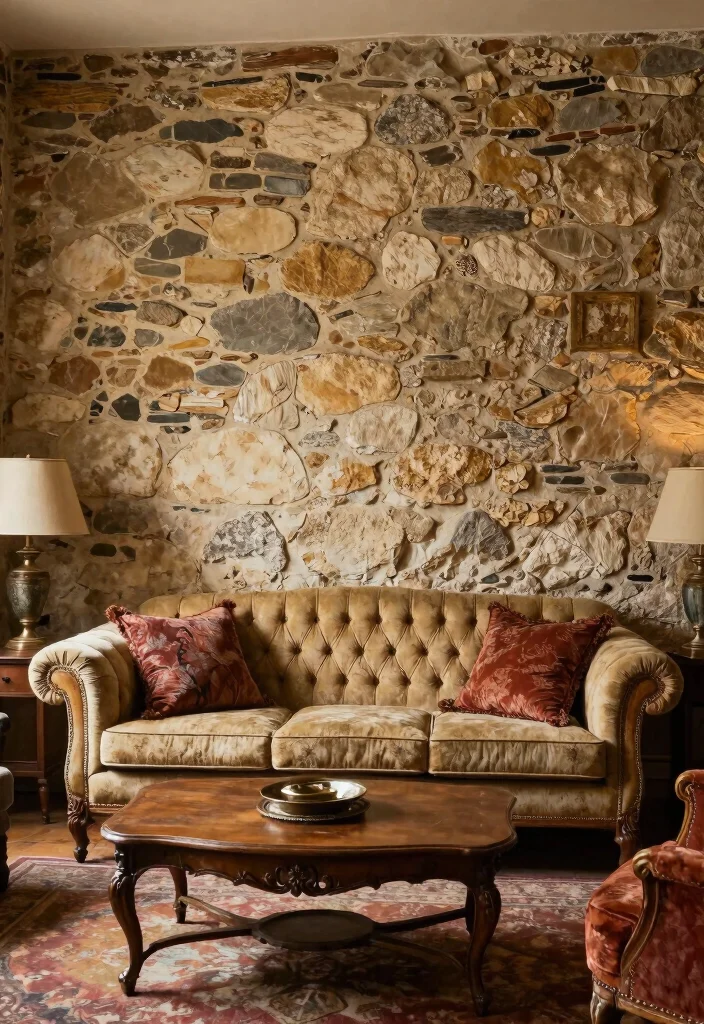 14 Stone TV Wall Living Room Ideas That Feel Luxe 12. Vintage Stone Wall Charm 0