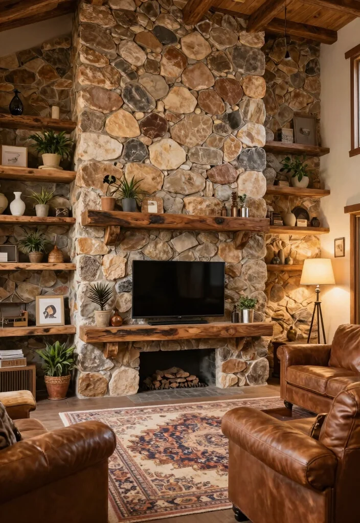 14 Stone TV Wall Living Room Ideas That Feel Luxe 2. Rustic Stone Feature Wall 0