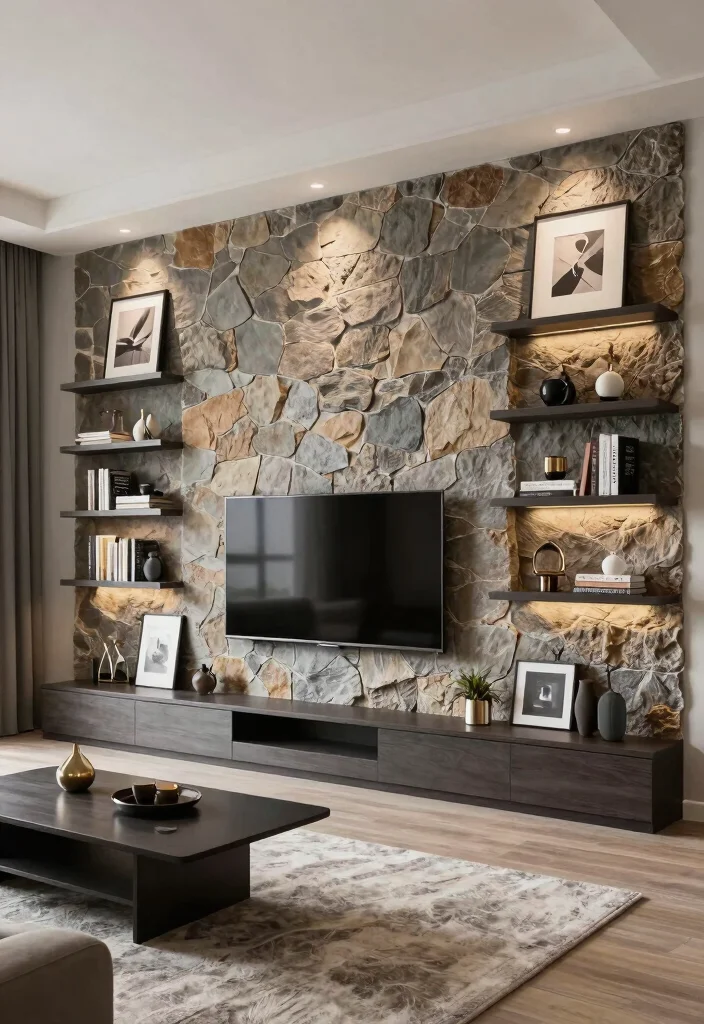 14 Stone TV Wall Living Room Ideas That Feel Luxe 3. Textured Stone Wall with Built in Storage 0