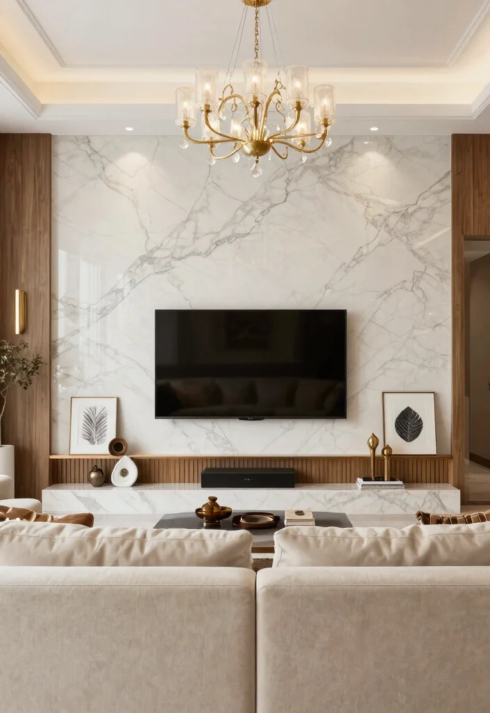 14 Stone TV Wall Living Room Ideas That Feel Luxe 4. Marble Elegance 0