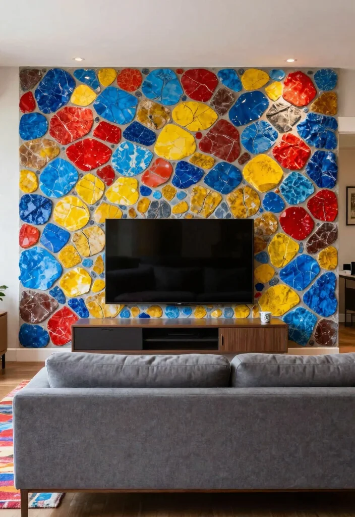 14 Stone TV Wall Living Room Ideas That Feel Luxe 5. Colorful Stone Mosaic 0