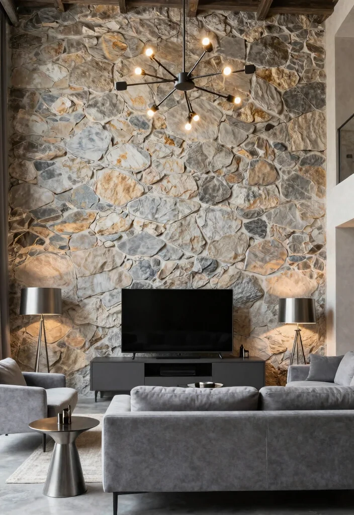 14 Stone TV Wall Living Room Ideas That Feel Luxe 6. Industrial Chic Stone Wall 0