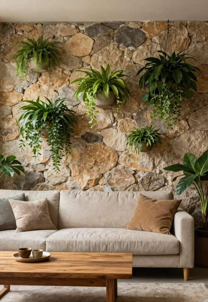 14 Stone TV Wall Living Room Ideas That Feel Luxe 7. Organic Stone Wall with Greenery 0