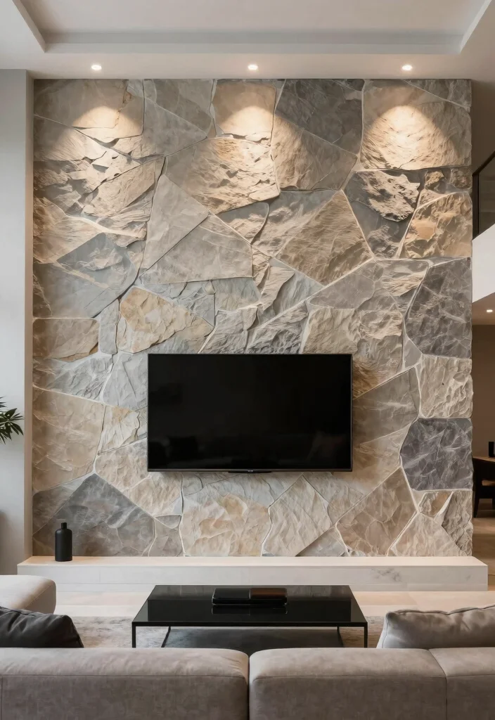 14 Stone TV Wall Living Room Ideas That Feel Luxe 8. Geometric Stone Patterns 0