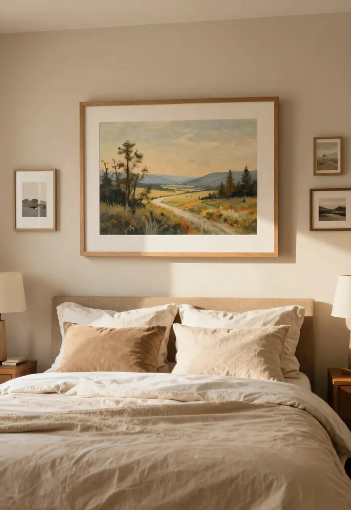 14 Warm Neutral Bedroom Ideas That Feel Peaceful 7. Warm Toned Artwork 0
