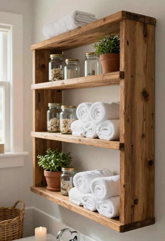 15 Farmhouse Bathroom Decor Ideas with Cozy Rustic Charm 1. Reclaimed Wood Shelves 0