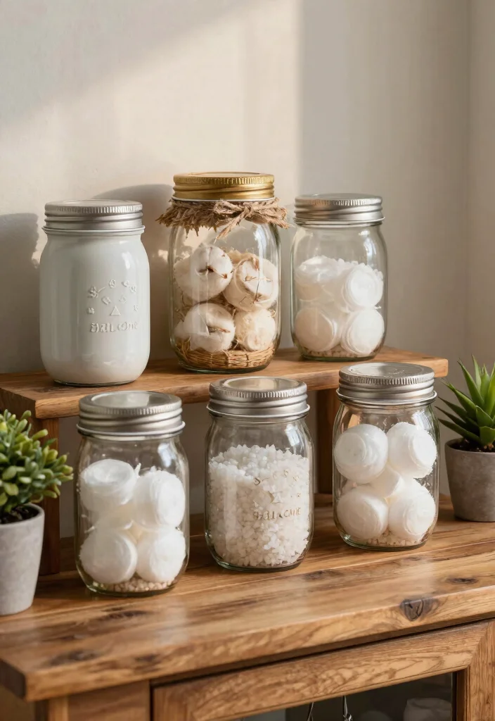 15 Farmhouse Bathroom Decor Ideas with Cozy Rustic Charm 11. DIY Mason Jar Storage 0
