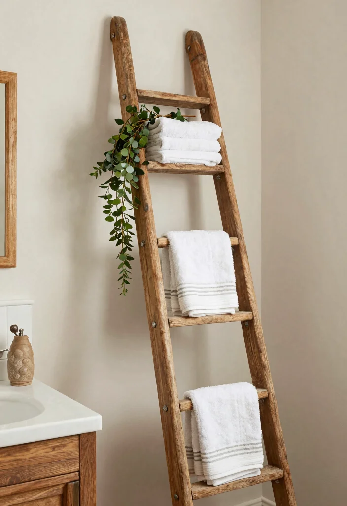 15 Farmhouse Bathroom Decor Ideas with Cozy Rustic Charm 13. Vintage Ladder Display 0