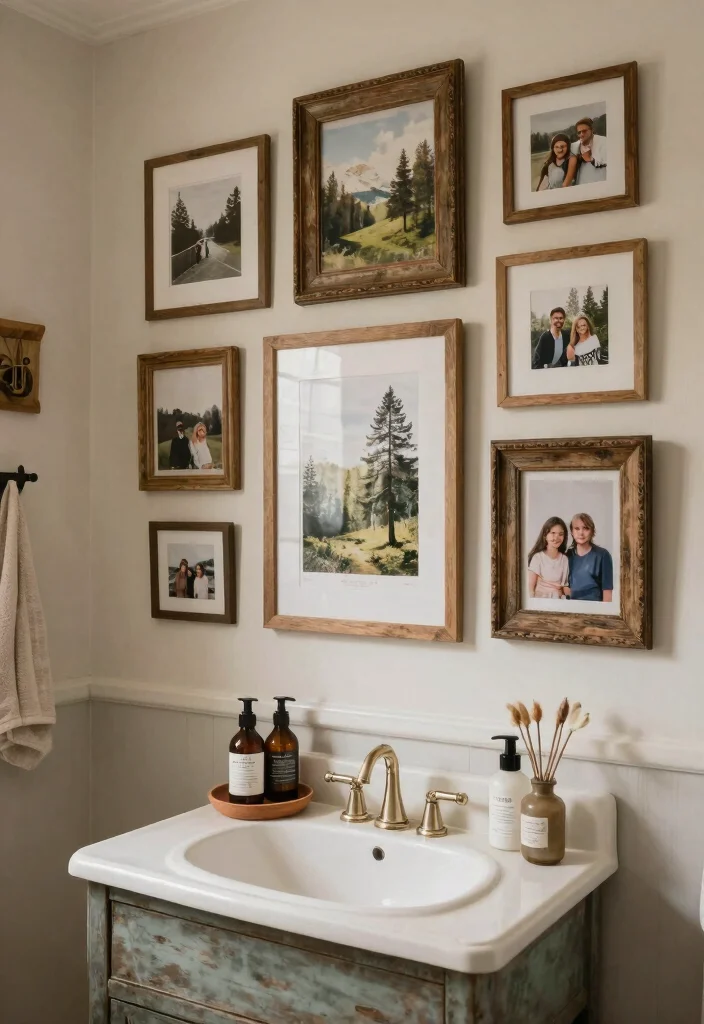 15 Farmhouse Bathroom Decor Ideas with Cozy Rustic Charm 15. Personal Touches with Artwork 0
