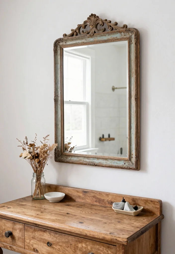 15 Farmhouse Bathroom Decor Ideas with Cozy Rustic Charm 2. Vintage Mirror 0