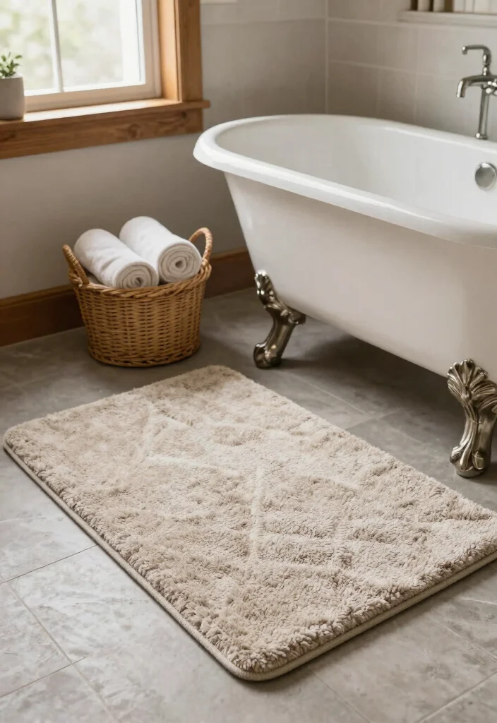 15 Farmhouse Bathroom Decor Ideas with Cozy Rustic Charm 3. Cozy Bath Mats 0