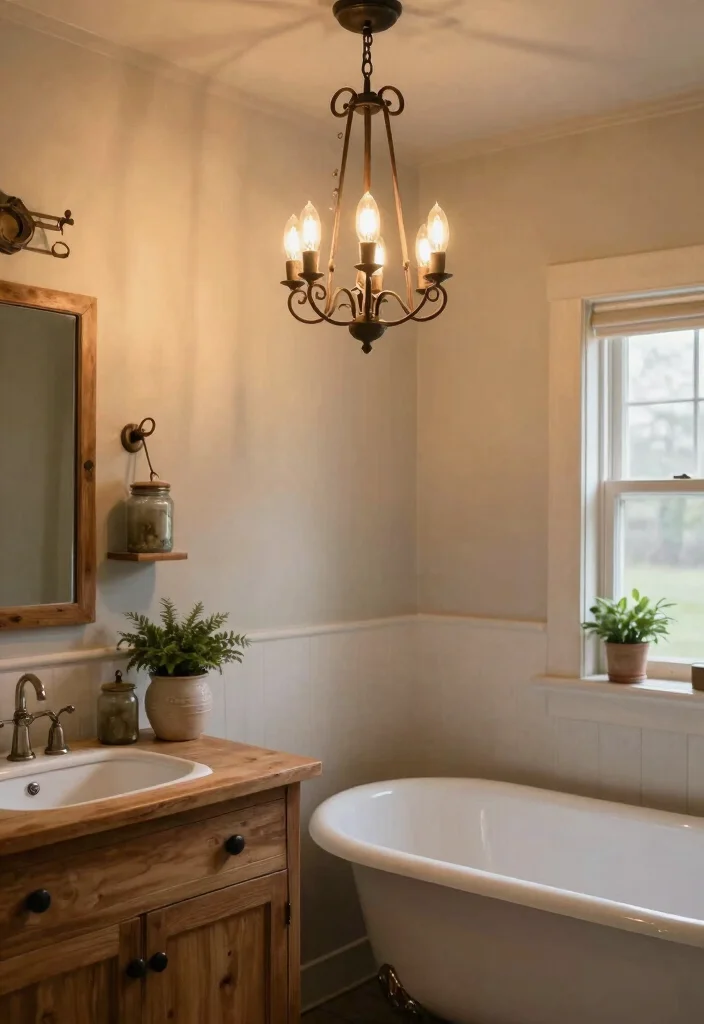 15 Farmhouse Bathroom Decor Ideas with Cozy Rustic Charm 4. Farmhouse Lighting Fixtures 0