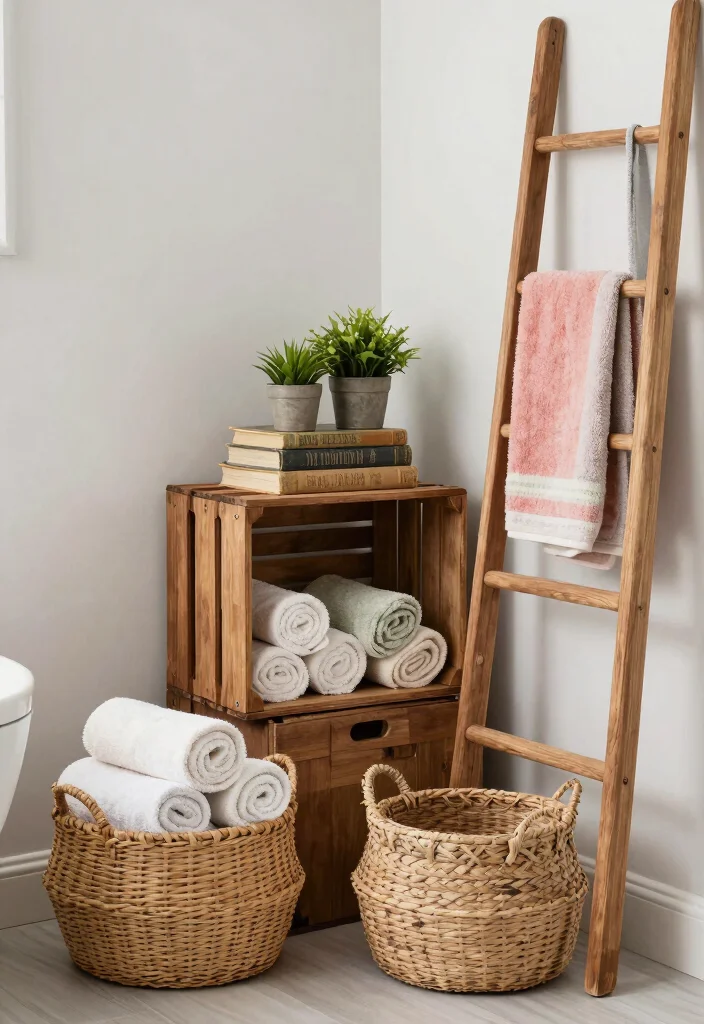 15 Farmhouse Bathroom Decor Ideas with Cozy Rustic Charm 5. Rustic Storage Solutions 0