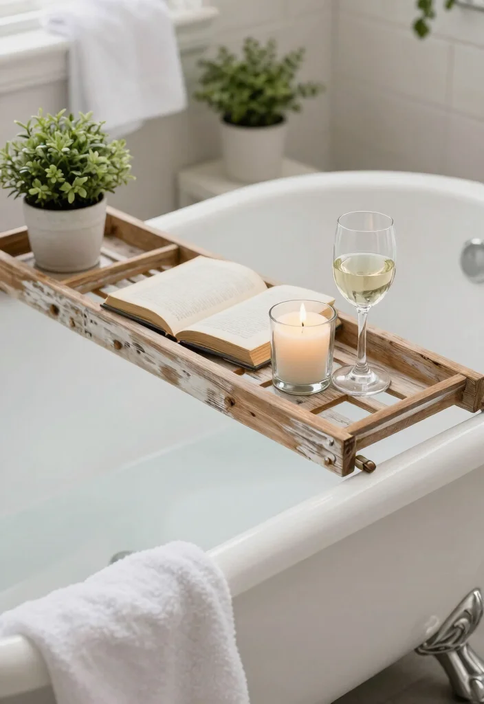 15 Farmhouse Bathroom Decor Ideas with Cozy Rustic Charm 7. Bath Caddy with Vintage Flair 0