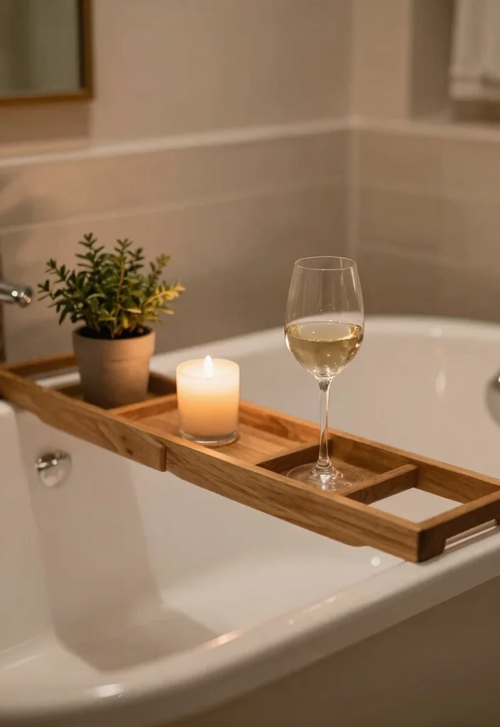 15 Wood Bathroom Ideas That Add Warmth and Texture 11. Wooden Bathtub Tray 0