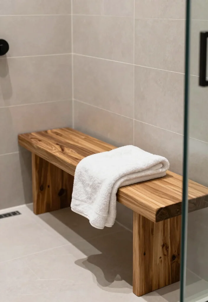 15 Wood Bathroom Ideas That Add Warmth and Texture 14. Wooden Shower Bench 0