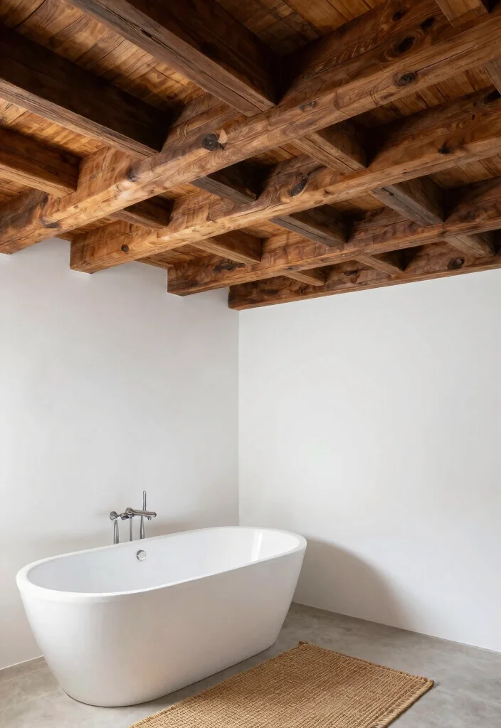 15 Wood Bathroom Ideas That Add Warmth and Texture 4. Wooden Ceiling Beams 0