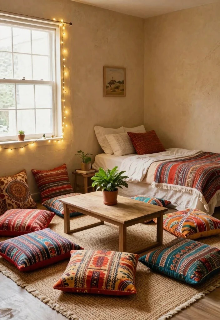 9 No Bedframe Bedroom Ideas with Relaxed Minimal Style 2. Floor Cushions for a Boho Twist 0
