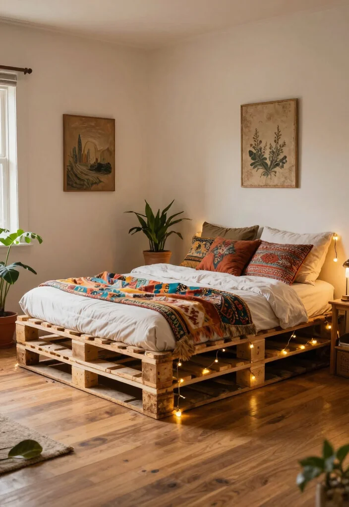 9 No Bedframe Bedroom Ideas with Relaxed Minimal Style 7. Vintage Pallet Bed for Rustic Charm 0